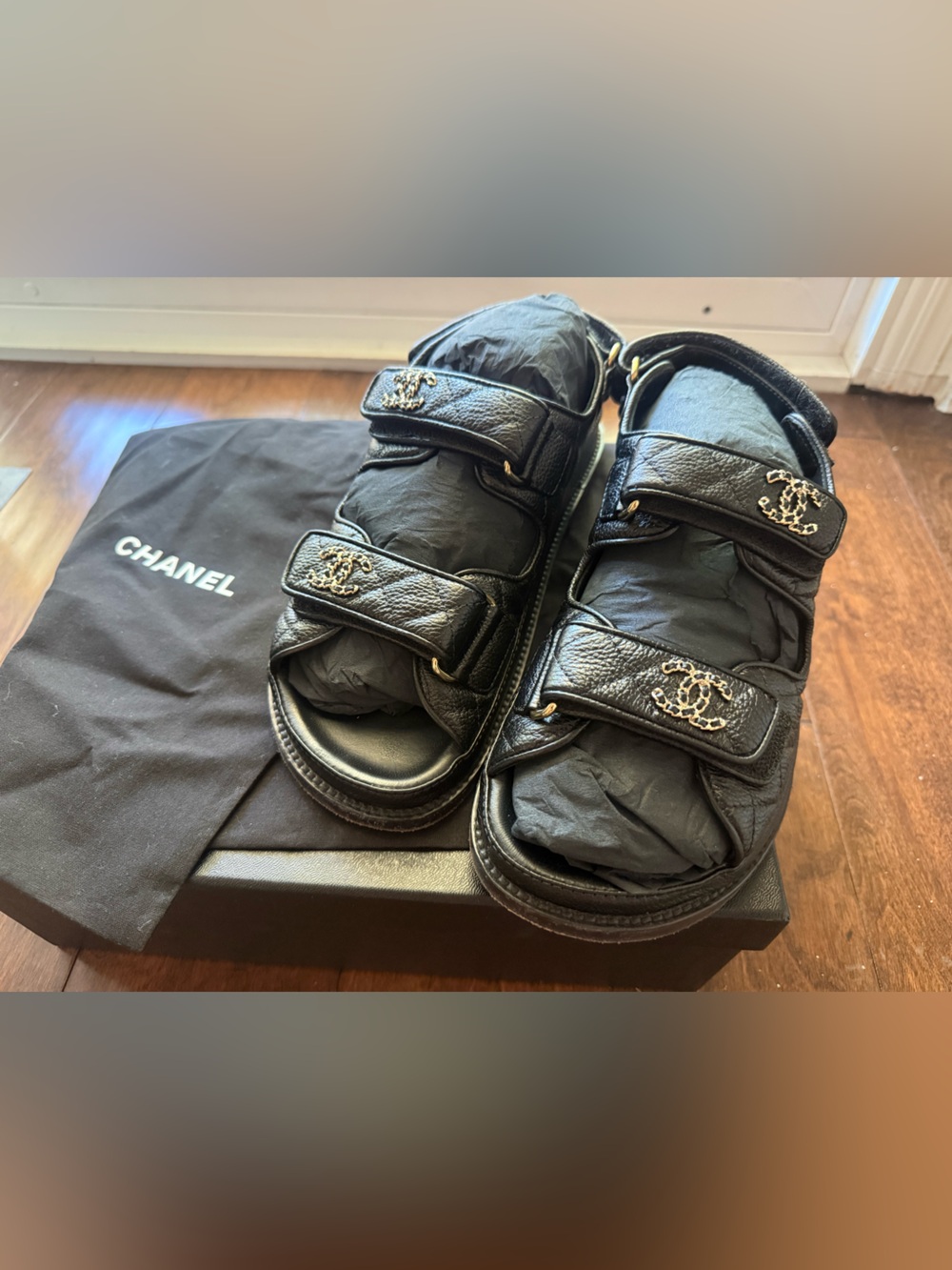 CHANEL Grained Calfskin Quilted Leather Velcro Dad Sandals 37 Black - AUTHENTIC